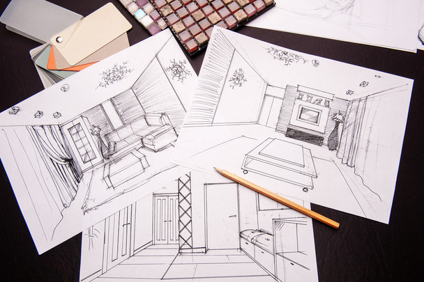 Interior sketches, bedroom, living room, kitchen. - Photo, Image
