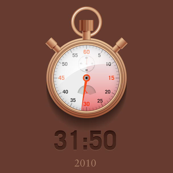  illustration of realistic golden stopwatch on a brown background with a countdown in the form of a red mark with red and black arrows. - Fotoğraf, Görsel