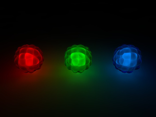 rode, groene en blauwe glazen bollen. - Foto, afbeelding