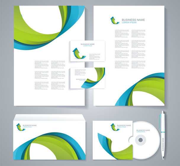Corporate identity template with blue and green geometric elemen - Vettoriali, immagini