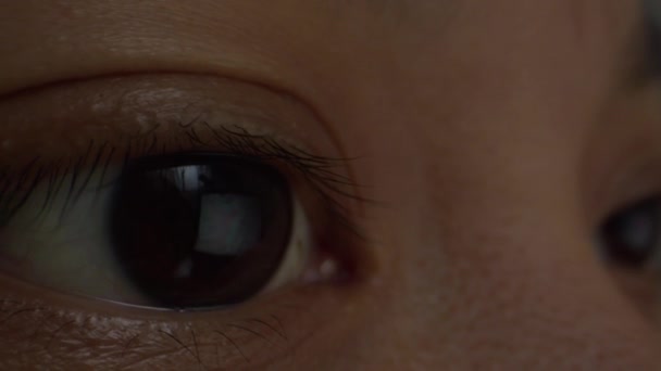 Extreme Nahaufnahme brauner Augen einer Frau asiatischer Herkunft beim Betrachten des Bildschirms oder beim Lesen, echte Hautbeschaffenheit - Filmmaterial, Video