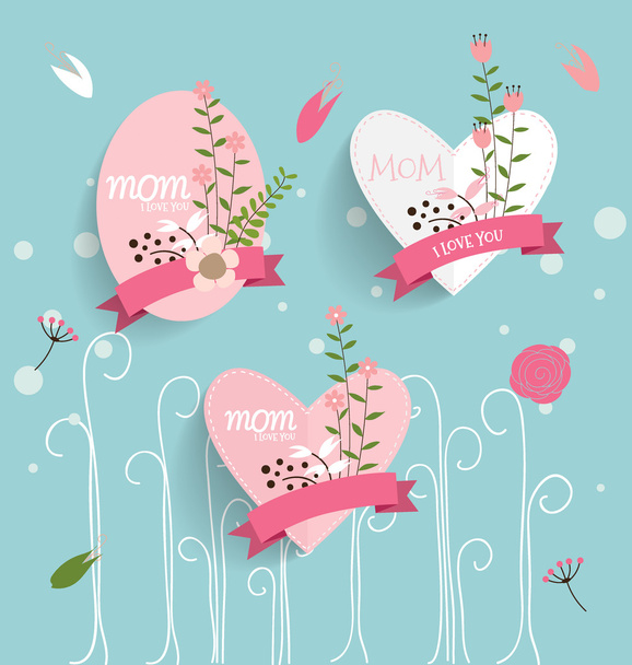 Happy Mother's Day, Floral bouquets with ribbon and heart, vecto - Wektor, obraz