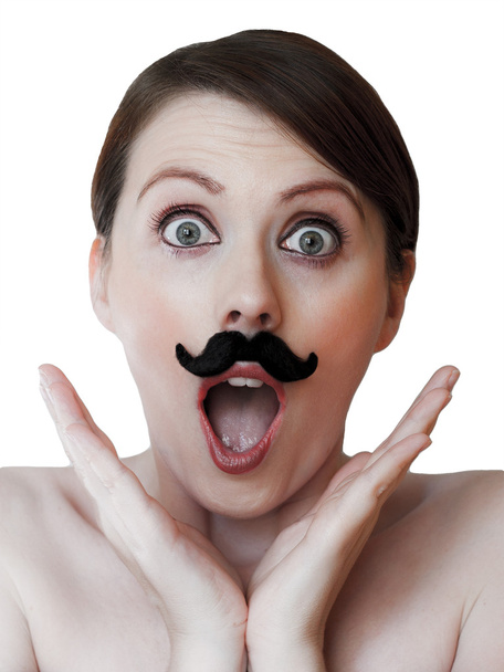 Close up of young woman with moustache - Photo, Image