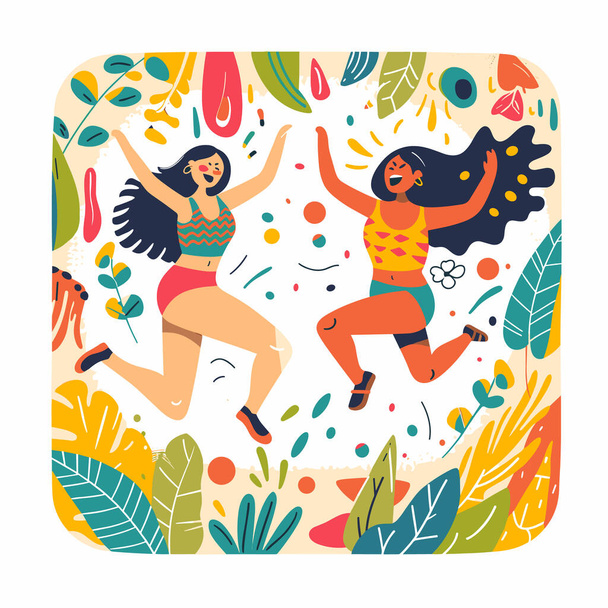 Δύο γυναίκες χορεύουν χαρούμενα ανάμεσα σε πολύχρωμα αφηρημένα τροπικά φυλλώματα. Και τα δύο θηλυκά παρουσιάζουν ευτυχία, φορώντας καλοκαιρινά ρούχα που κινούνται ενεργητικά. Ζωηρή, εορταστική γιορτή τροπικού χορού - Διάνυσμα, εικόνα