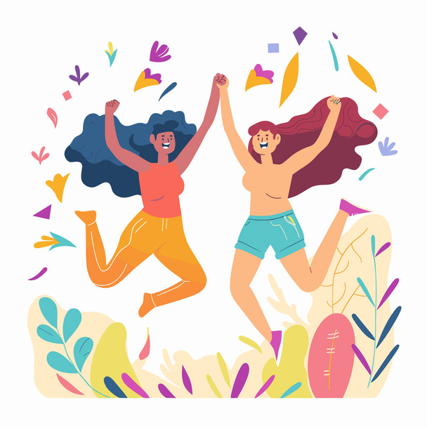 Zwei Frauen feiern, hüpfen vor Freude, die Hände erhoben, fröhliche Mienen. Lässige Kleidung, leuchtende Farben, abstrakte Formen, Pflanzen, Konfetti, verspielte Stimmung. Flaches Design Stil Freundschaftsfeier - Vektor, Bild
