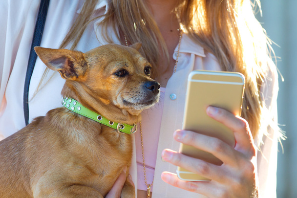 Όμορφη νεαρή γυναίκα με το σκύλο της χρησιμοποιώντας το κινητό τηλέφωνο. - Φωτογραφία, εικόνα