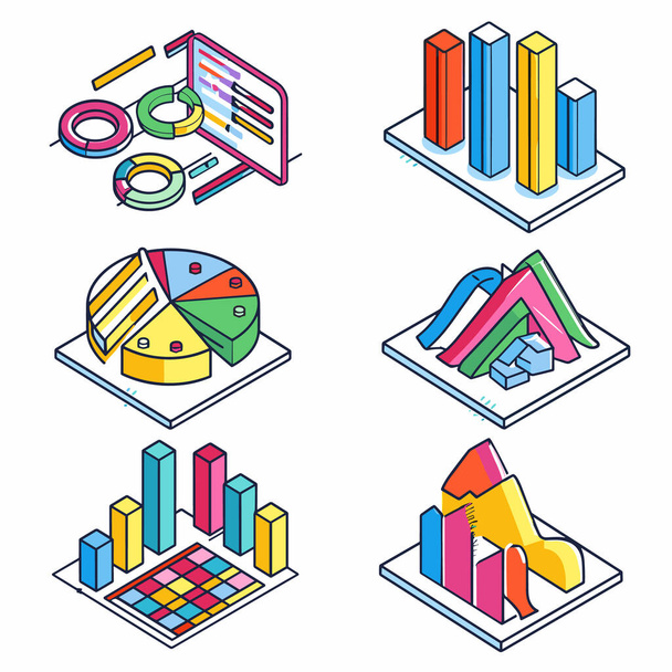 Colorful 3D isometric graphs charts representing business analytics data visualization. Infographic elements include pie charts, bar graphs, histograms against isolated white background. Creative - Διάνυσμα, εικόνα