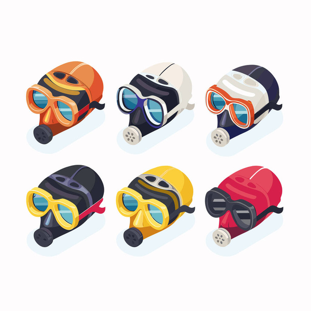 Seis coloridas máscaras de buceo, snorkels, perspectiva lateral, máscara de buceo cuenta con dos lentes snorkels válvulas de respiración, diseño de estilo, colores vibrantes, fondo blanco - Vector, imagen