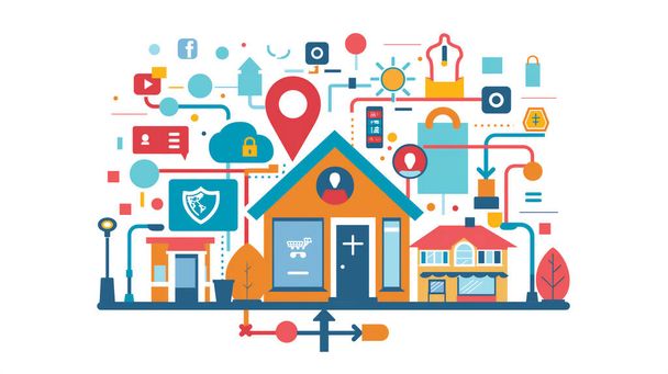 Una ilustración de un ecosistema de hogar inteligente, mostrando dispositivos y servicios conectados, con iconos y gráficos en un diseño colorido. - Foto, imagen