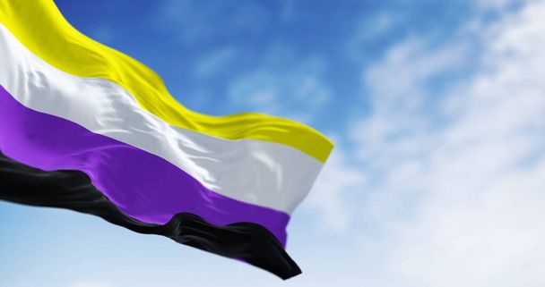 Bandiera Genderqueer Pride con strisce orizzontali di lavanda, bianco e scuro chartreuse, sventolando. Rappresentazione di identità non binarie e di genere queer. rendering illustrazione 3d. focalizzazione elettiva - Foto, immagini