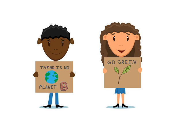 International Children Couple Climate Change Campaign Posters (em inglês). Cuidado com a natureza e conceito de vida sustentável - Vetor, Imagem