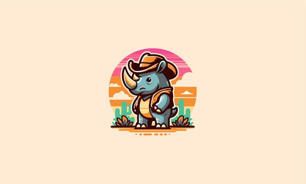 rinoceronte usando sombrero vaquero vector mascota diseño - Vector, imagen