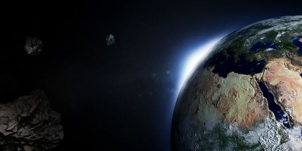 a föld a felkelő nap és a kisbolygók (magas felbontású 3D-s 3D-s illusztráció - Fotó, kép