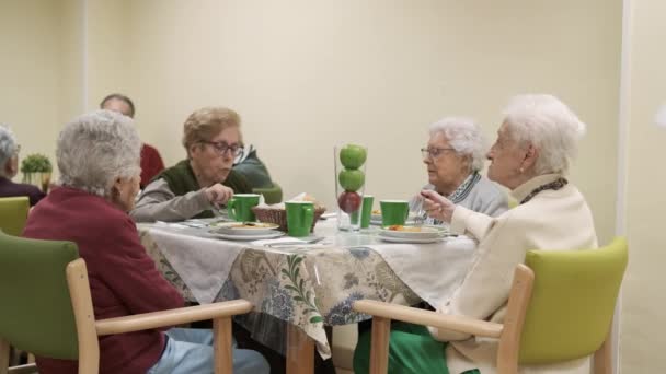 Медленное движение пожилых женщин, сидящих вокруг подают стол и едят вкусный ужин в столовой дома престарелых - Кадры, видео