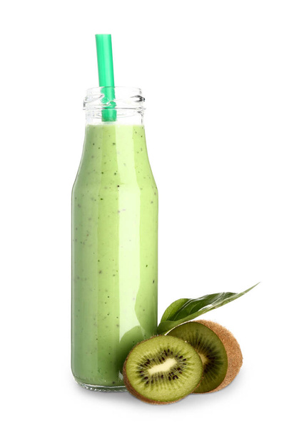 Bottle of fresh kiwi smoothie on white background - Photo, Image