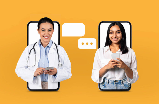 Ein Arzt und ein Patient führen eine Online-Beratung über ihre Smartphones durch. Der Hintergrund ist eine leuchtend orangefarbene Farbe, und zwischen ihnen sind Textnachrichten-Symbole sichtbar. - Foto, Bild