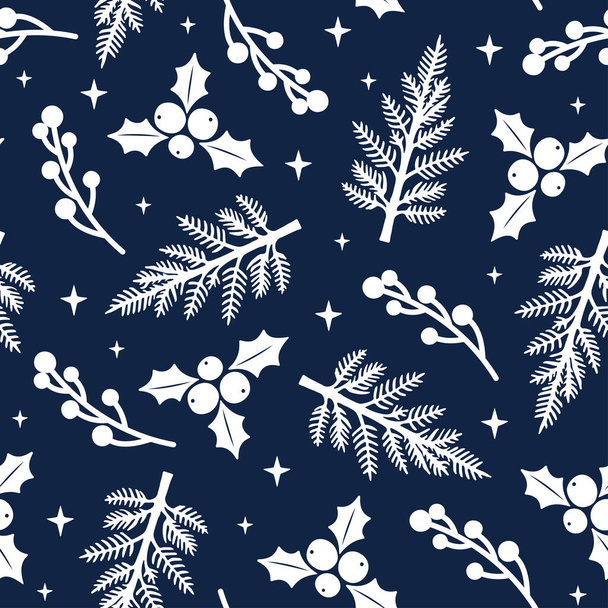 Μοντέρνο μοτίβο Χριστουγέννων χωρίς ραφή. Πρωτοχρονιάτικη εκτύπωση με λευκά κλαδιά χριστουγεννιάτικου δέντρου, γκι και μούρα σε σκούρο μπλε φόντο. Χαριτωμένη χειμερινή υφή για διακόσμηση, σχεδιασμό υφασμάτων, περιτύλιγμα. - Διάνυσμα, εικόνα