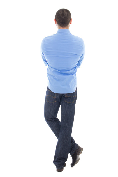 pohled zezadu na obchodní člověka v modré košili izolovaných na bílém - Fotografie, Obrázek
