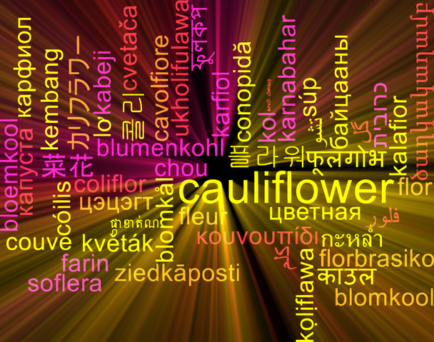 Cauliflower multilanguage wordcloud background concept glowing - Photo, Image
