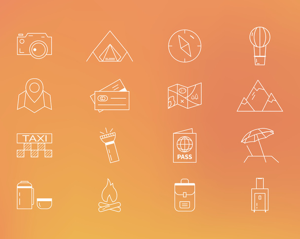 Summer camping and travel outline icons set. Outdoor activity theme. Thin line design. Isolated on orange background. Vector - Vector, Image