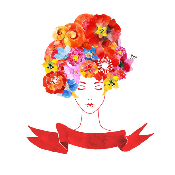 dívka s květinami ve vlasech - Vektor, obrázek