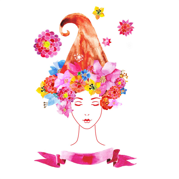 κορίτσι με λουλούδια στα μαλλιά σας - Διάνυσμα, εικόνα