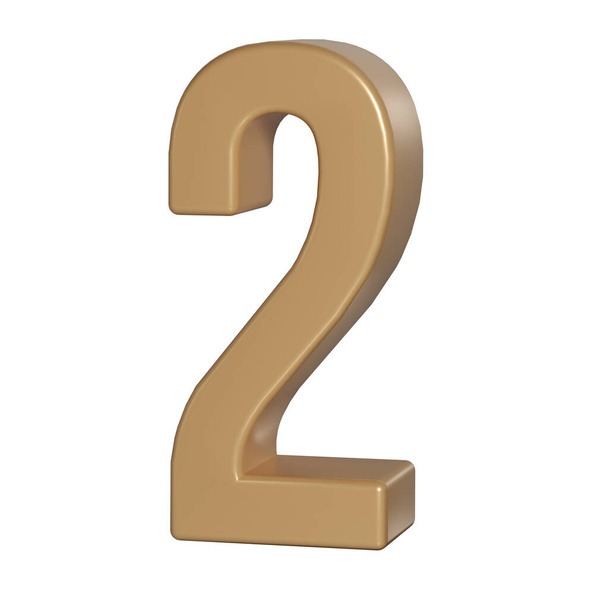 3d number two 2 golden or bronze shining typography symbol or sign template, realistic illustration. Gold second digit or figure for numbering. - 写真・画像