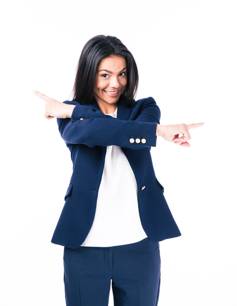 Smiling businesswoman pointing both sides - Photo, image