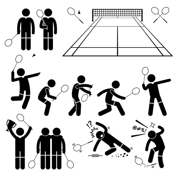 Badmintonspieler stellt Strichmännchen-Piktogramme auf - Vektor, Bild