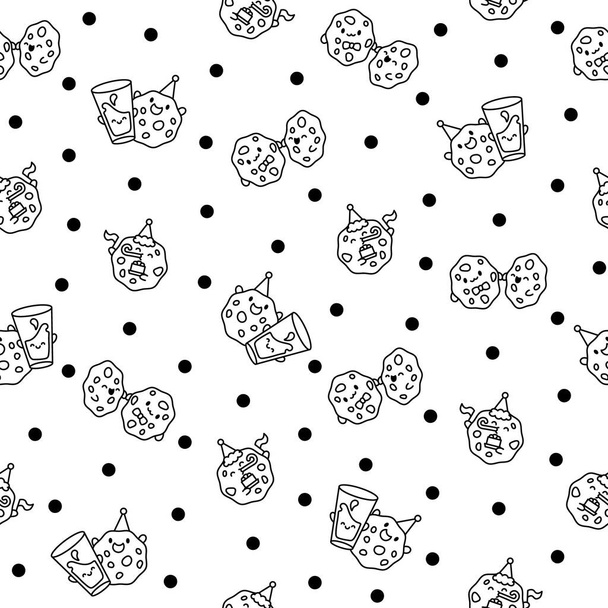 Cute kawaii cookies. Seamless pattern. Coloring Page. Cartoon choco chip characters. Funny food. Hand drawn style. Vector drawing. Design ornaments. - Vector, Image