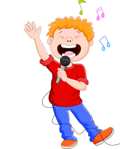 Cartoon singt fröhlich, während er das Mikrofon hält - Vektor, Bild