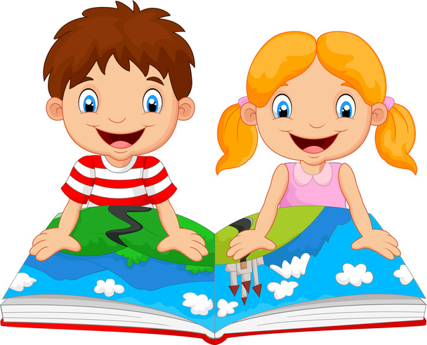 Мультяшний хлопчик і дівчинка читали історію
 - Вектор, зображення