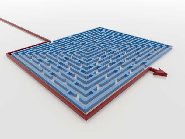 Red Arrow Path Around Blue Maze Labyrinth 3D Render, Solution Co - Φωτογραφία, εικόνα