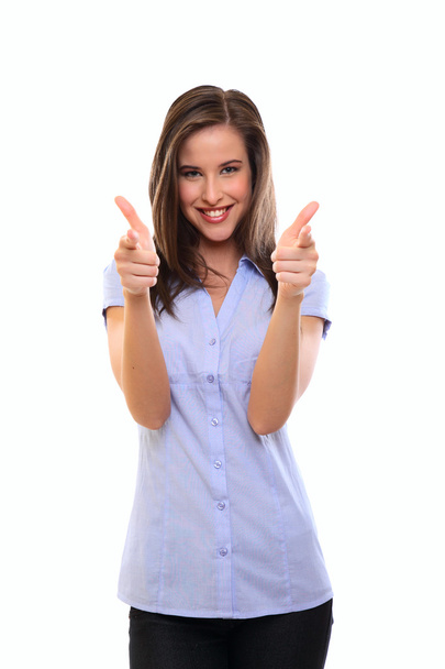 Funny brunette woman with thumbs up - Foto, Imagen