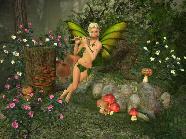 Piękna kobieta elfów z flet - Zdjęcie, obraz