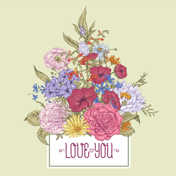 Tarjeta de felicitación floral de verano retro suave, ramo vintage, ilustración vectorial
 - Vector, Imagen