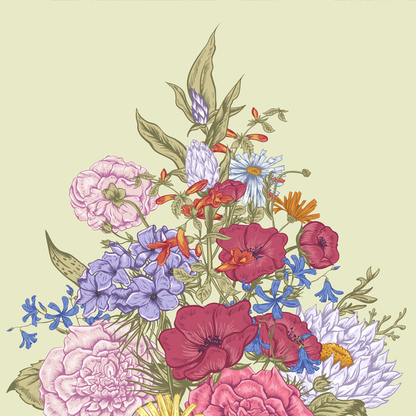 レトロな夏花グリーティング カード、ヴィンテージの花束、ベクトル図を穏やかな - ベクター画像