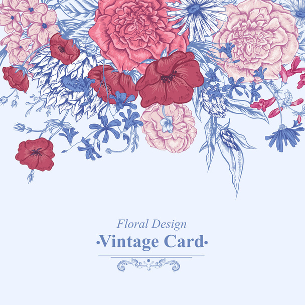 Gentle Retro Summer Floral Greeting Card, Vintage Bouquet, Vector illustration - Vector, Image