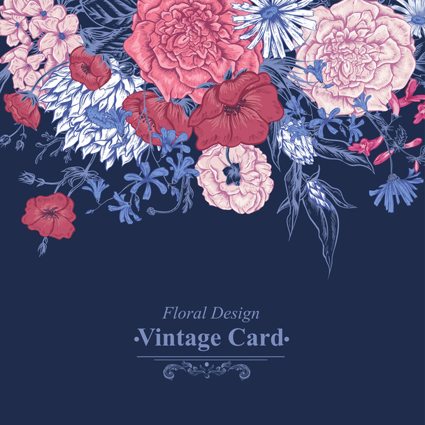Gyengéd Retro nyári virágos üdvözlőkártya, Vintage csokor, vektoros illusztráció - Vektor, kép