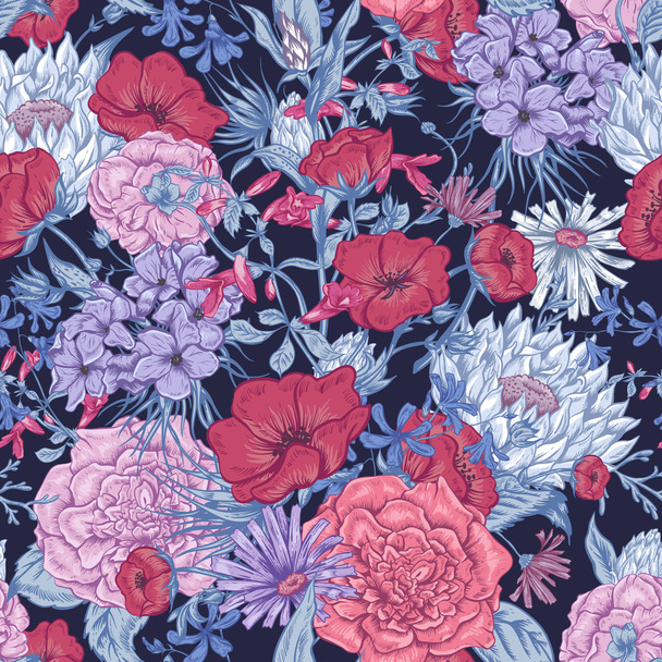 Мягкий ретро летний бесшовный цветочный узор, винтажный приветственный букет, векторная иллюстрация
 - Вектор,изображение