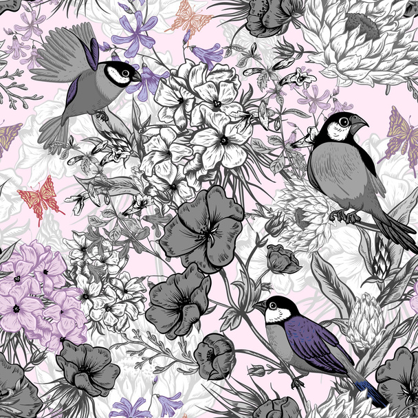Retro Summer Seamless Monochrome Floral Pattern with Birds and Butterflies - Vector, Image