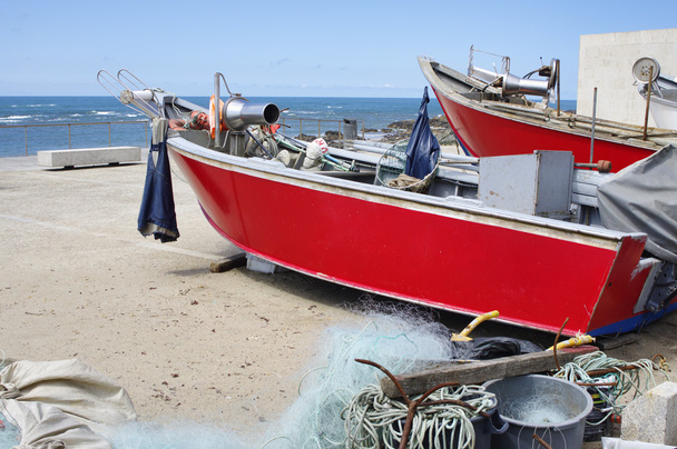 El barco pesquero rojo en la orilla del océano, distrito de Braga, Porgugal
 - Foto, imagen
