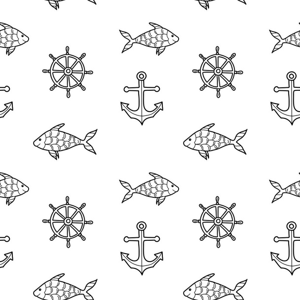 Marine Sea Hand gezeichnet nahtlose Muster mit Fischen, nautischen Anker und Steuerrad. Vektor-Illustration, Linienzeichnung isoliert auf weißem Hintergrund. Für Stoffe, Tapeten und maritimes Stranddesign - Vektor, Bild