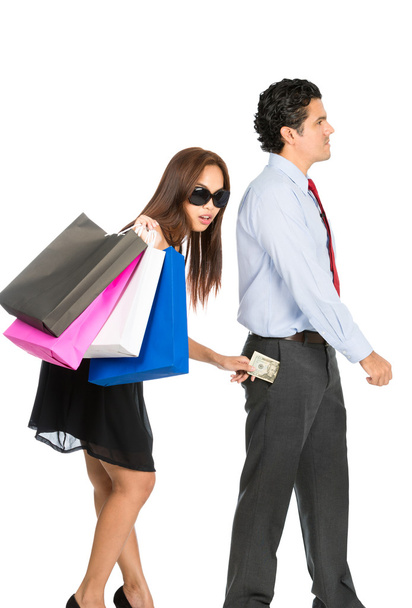 Asian Wife Stealing Money Husband Pocket Walking - Foto, imagen
