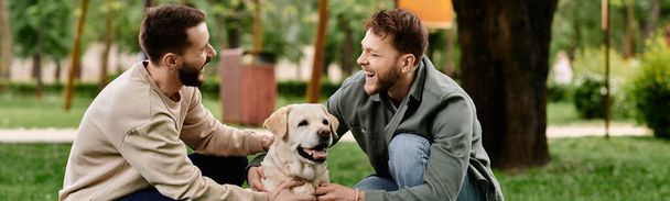 Sakallı eşcinsel bir çift yeşil bir parkta labrador av köpekleriyle birlikte gülüyor.. - Fotoğraf, Görsel