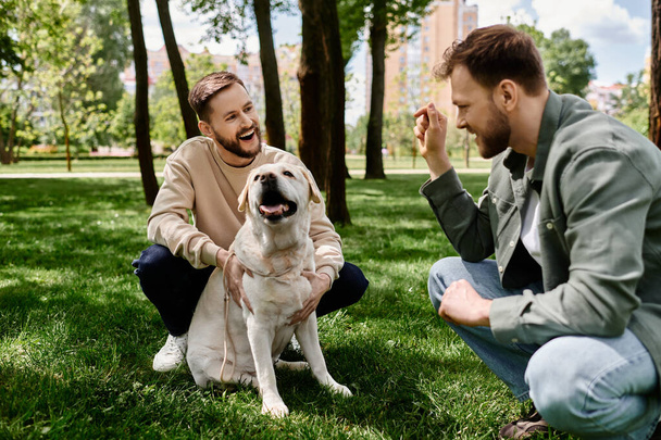 Deux hommes barbus, un couple gay, profitent d'une journée ensoleillée dans un parc verdoyant, riant et jouant avec leur labrador retriever. - Photo, image