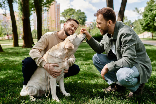 Zwei bärtige Männer verbringen einen sonnigen Tag mit ihrem Labrador Retriever in einem grünen Park. - Foto, Bild