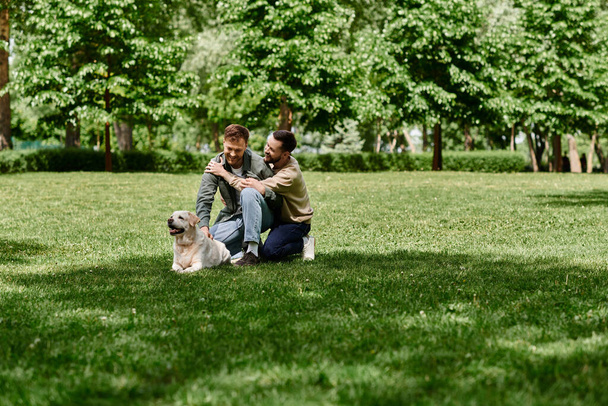Een bebaarde gay paar geniet van een zonnige middag in het park met hun labrador retriever. - Foto, afbeelding