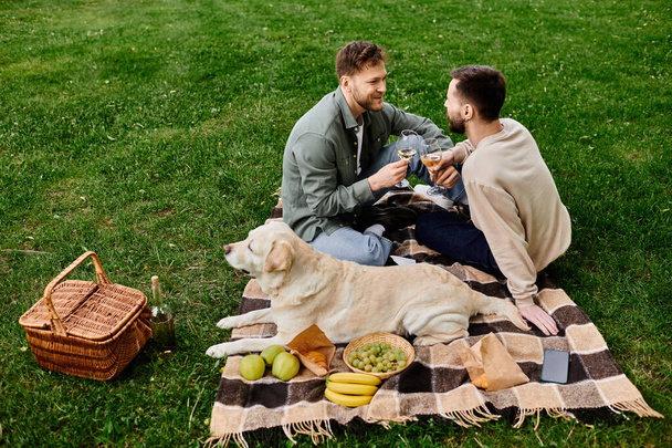 Бородата гомосексуальна пара насолоджується пікніком у трав'янистому парку зі своїм лабрадором. - Фото, зображення