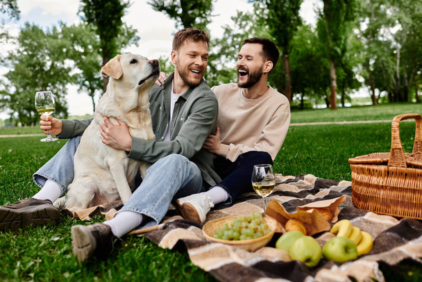 Бородата гомосексуальна пара насолоджується спокійним пікніком у зеленому парку зі своїм лабрадором. - Фото, зображення